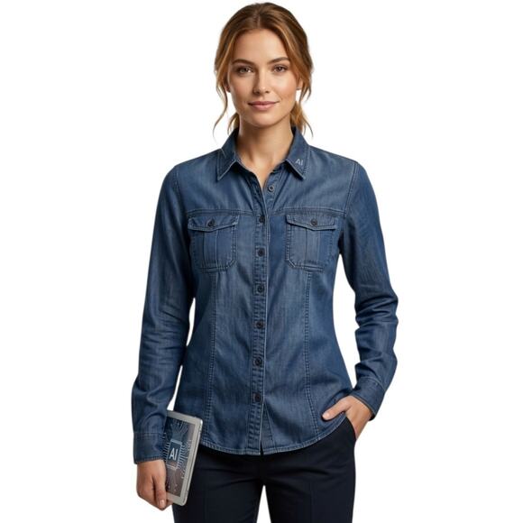 Guess Tops - Guess Denim Long Sleeve Button Down Shirt Size XS Dark Wash Dual Chest Pockets.